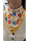 Sarı Kenar Puantiyeli Çiçek Desen Fular 50x50
