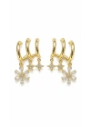 Üçlü Görünüm Çiçek Figür Gold Küpe