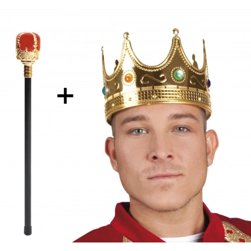 Altın Kral Tacı ve Kırmızı Topuzlu Asası Seti
