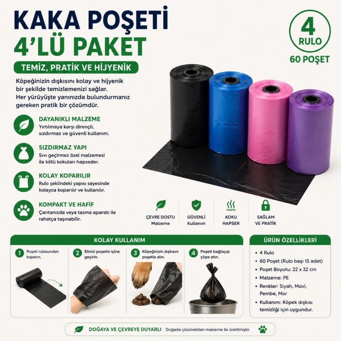 4lü Köpek Kaka Poşeti Rulosu – Evcil Hayvan Atık Toplama Poşeti Seti
