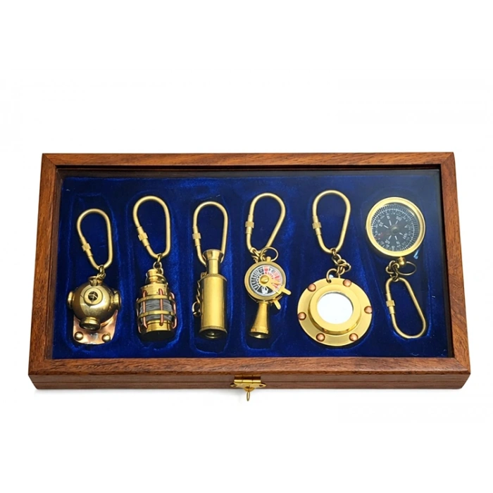 Ahşap Kutulu Denizci Temalı Pirinç Anahtarlık Seti