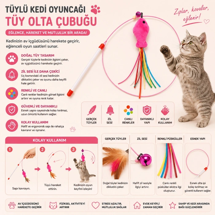 Balık Figürlü Kedi Oltası Oyuncağı – Zilli İnteraktif Kedi Oyun Çubuğu