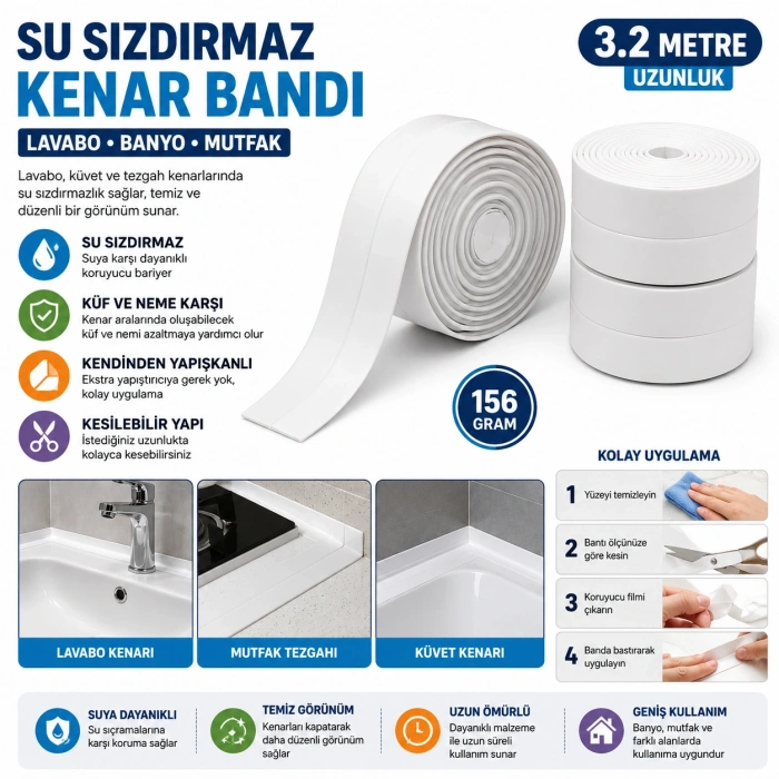 Beyaz Su Sızdırmaz Lavabo Kenar Bandı 3.2 Metre