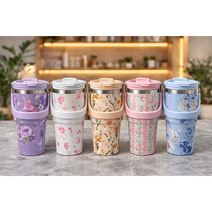 Çiçek Desenli 700 ml Taşıma Kulplu Paslanmaz Çelik Termos Mug Bardak