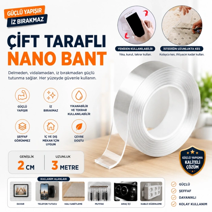 Çift Taraflı Şeffaf Nano Bant 3 Metre x 2 cm – Güçlü Yapışkanlı Kesilebilir Nano Jel Bant