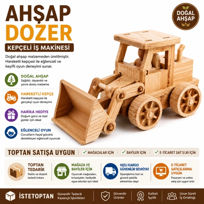 Doğal Ahşap Oyuncak Dozer Kepçeli İş Makinesi Çocuk Oyuncağı