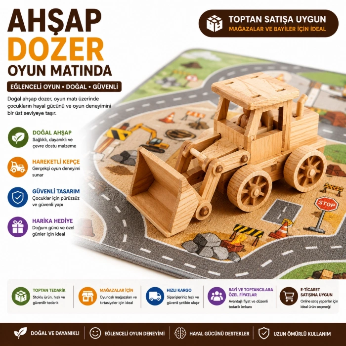 Doğal Ahşap Oyuncak Dozer Kepçeli İş Makinesi Çocuk Oyuncağı