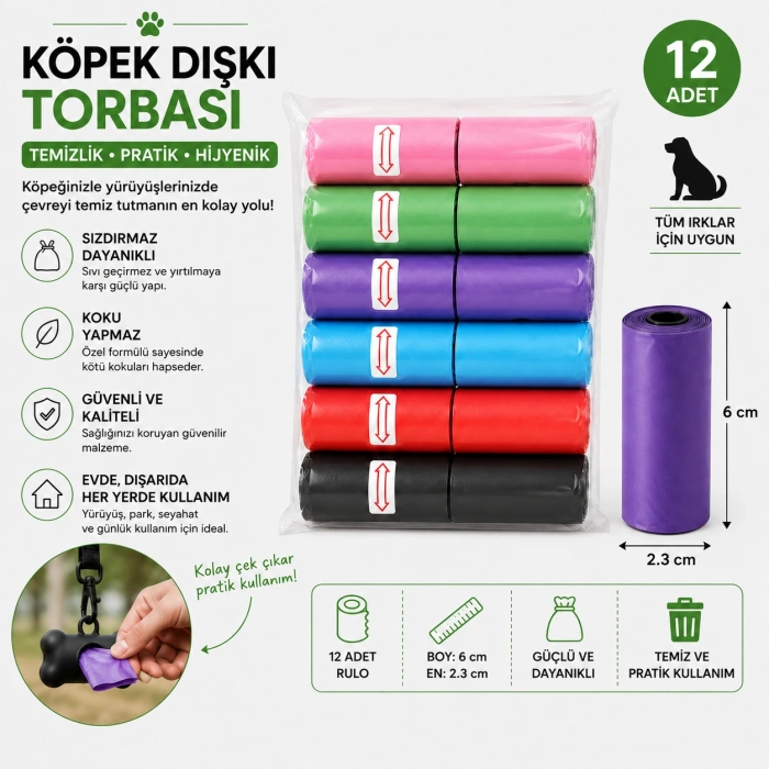 Evcil Hayvan Atık Toplama Poşeti Seti 12li Rulo – Köpek Dışkı Toplama Torbası