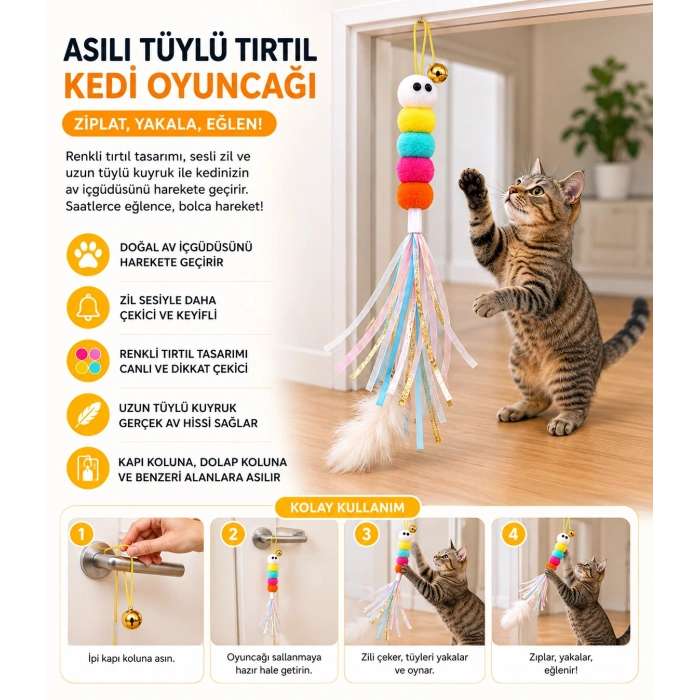 Kapıya Asılabilen Kedi Oyuncağı – Yapışkanlı İnteraktif Kedi Zıplama Oyuncağı