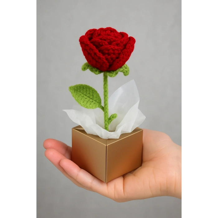 Kutulu Tekli El Örgüsü Gül Kutulu