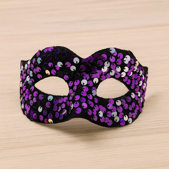 Mor Renk Arkadan Lastikli Pul Payet İşlemeli Balo After Parti Maskesi