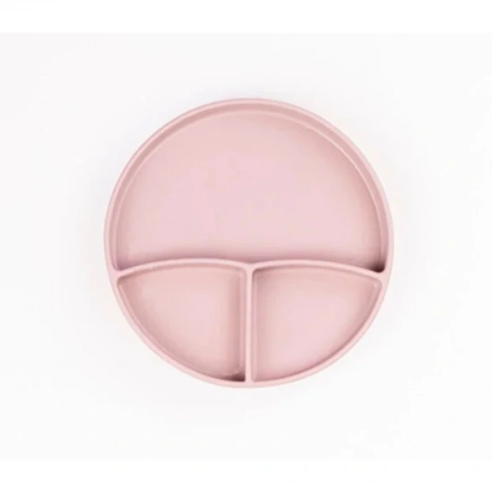 Pembe 3’lü Silikon Yemek Seti – Önlük + Diş Kaşıyıcılı Kaşık + Vakumlu Tabak