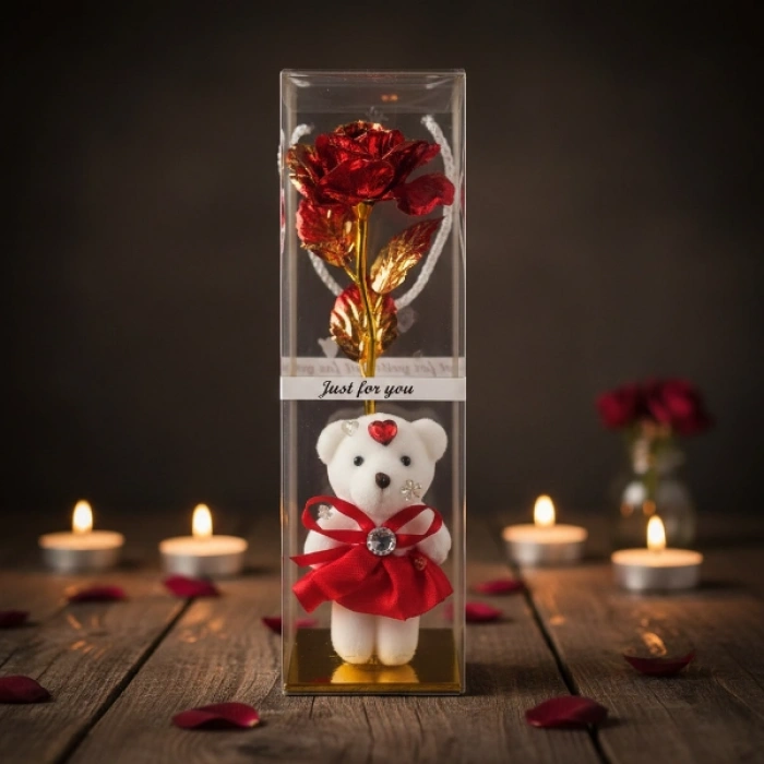 Şeffaf Kutulu Ayıcıklı Sonsuzluk Gülü