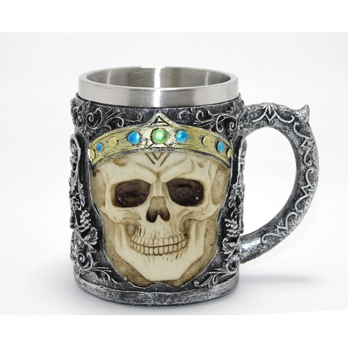 Taçlı Kurukafa Kralı 3D Kabartmalı Çelik Kupa Bardak