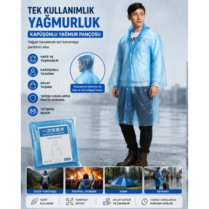 Tek Kullanımlık Yağmurluk Kapüşonlu Şeffaf