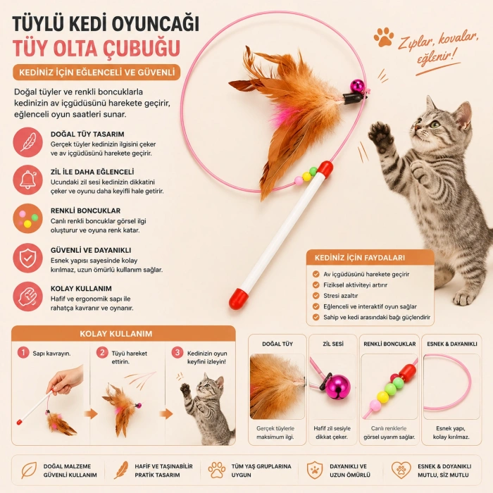 Tüylü Kedi Oltası Oyuncağı – Zilli İnteraktif Kedi Oyun Çubuğu
