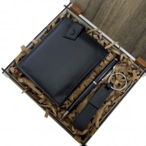 Ahşap Deri Kutulu Siyah Renk 3lü Hediye Seti - Kalem, Cüzdan, Anahtar