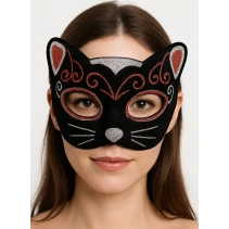 Kadife Dokulu Simli Kedi Maskesi Kırmızı Gümüş Detaylı