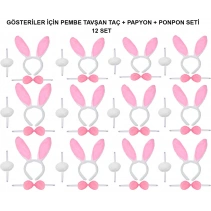 Pembe Tavşan Kostüm Seti – Taç, Papyon, Ponpon (12’li Paket)