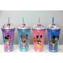 Sevimli Mickey Mouse Pipetli Işıklı Boncuklu Suluk Bardak 400 ml