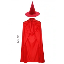 Yetişkin Boy Kırmızı Yakalı Pelerin ve Kırmızı Cadı Şapkası