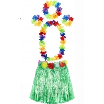 YETIŞKIN VE ÇOCUK UYUMLU LUAU ALOHA HAWAII YEŞIL ETEK VE RENKLI KOLYE TAÇ 2 ADET BILEKLIK SETI