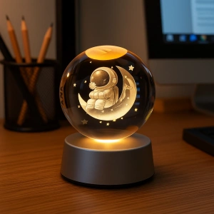 Ay Üstünde Astronot Tasarımlı Plastik Altlıklı Işıklı Cam Küre