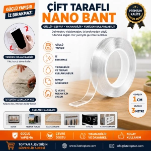 Çift Taraflı Şeffaf Nano Bant 1 Metre x 3 cm – Güçlü Yapışkanlı İz Bırakmayan Bant