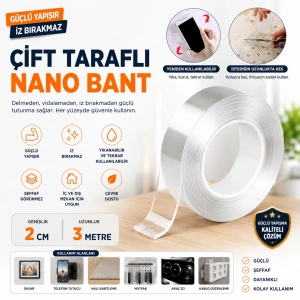 Çift Taraflı Şeffaf Nano Bant 3 Metre x 2 cm – Güçlü Yapışkanlı Kesilebilir Nano Jel Bant