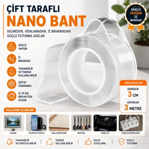 Çift Taraflı Şeffaf Nano Bant 3 Metre x 3 cm – Güçlü Yapışkanlı Kesilebilir Nano Jel Bant
