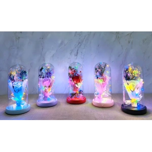 Işıklı Müzikli Cam Fanus İçinde Lavantalı Romantik Gül