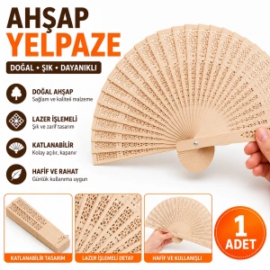 İşlemeli Ahşap Yelpaze - Katlanabilir El Yelpazesi