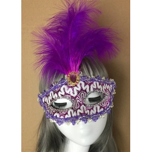 Mor Dantel İşlemeli Mor Tüylü Balo Parti Maskesi