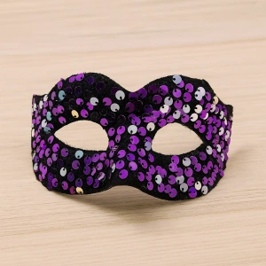 Mor Renk Arkadan Lastikli Pul Payet İşlemeli Balo After Parti Maskesi