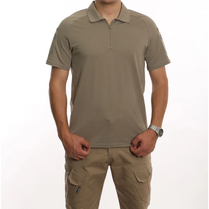Attack Taktik Pike Tişört  50-50 Pamuk-Polyester Kısa Kol Fermuarlı / Polo Yakalı çöl