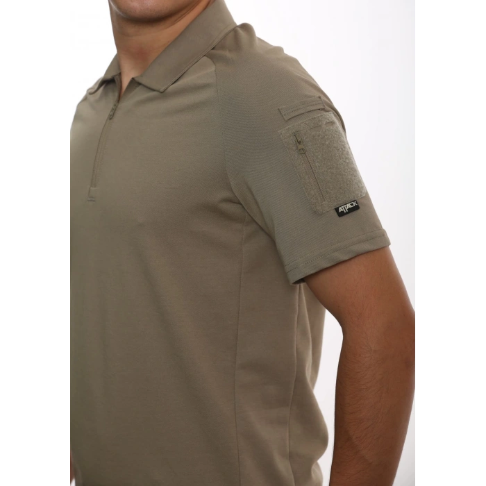 Attack Taktik Pike Tişört  50-50 Pamuk-Polyester Kısa Kol Fermuarlı / Polo Yakalı çöl