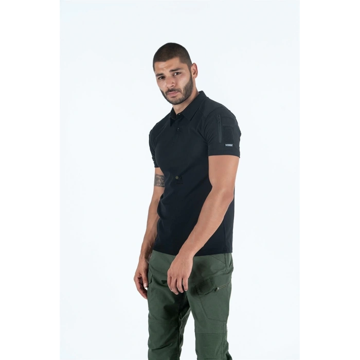 Combat Taktik Pike Tişört Kısa Kol / Polo Yaka Siyah Polyester