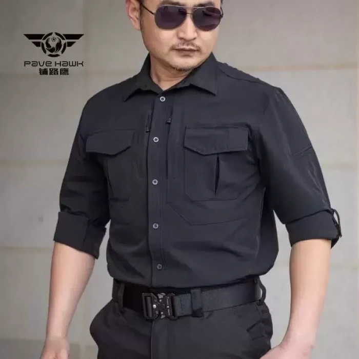 İthal Likralı TAKTİK Gömlek İnce Yazlık Kumaş Pawe Siyah Renk Su İtici A kalite