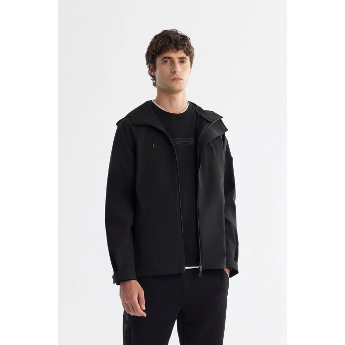 Kurşun Geçirmez AVVA Siyah Kapüşonlu Su İtici Rüzgar Geçirmez Mıknatıs Kapama İnce Mont