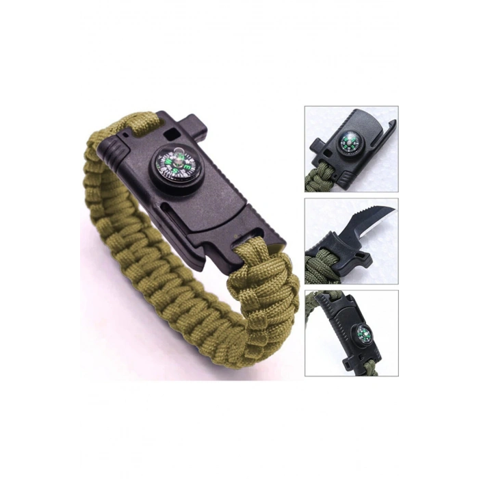 Paracord Bileklik Pusula, Bıçak, Düdük, Çakmak Taşı 22cm
