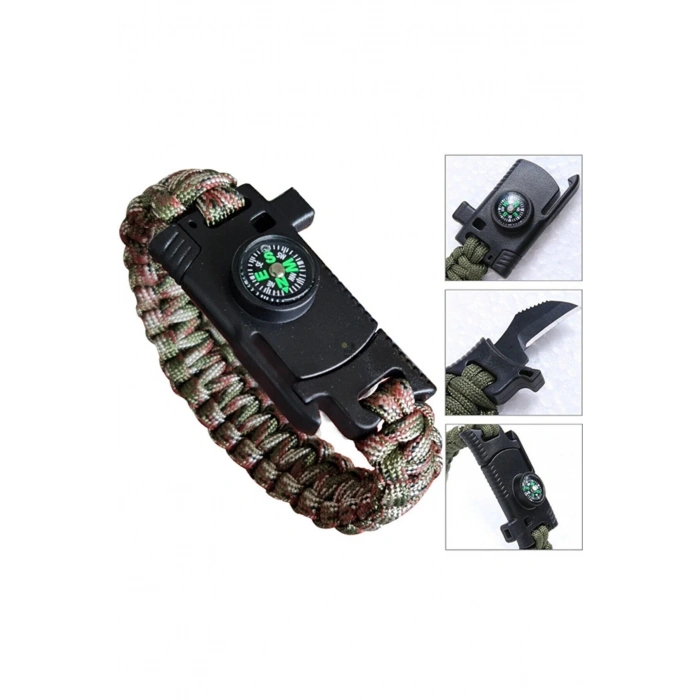 Paracord Bileklik Pusula, Bıçak, Düdük, Çakmak Taşı 22cm