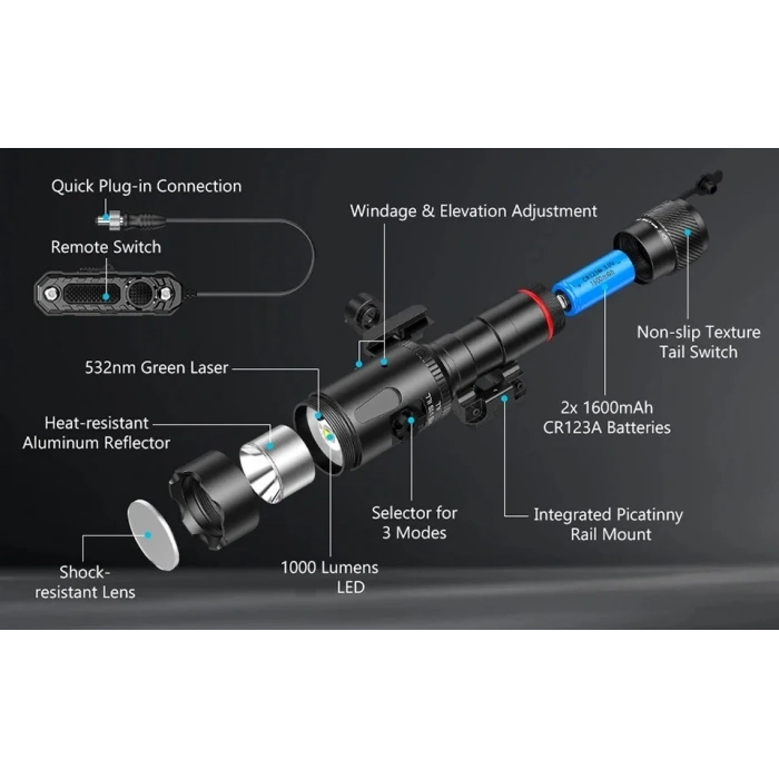 Richfire 1000 Lümen Yeşil Lazerli Tüfek Feneri , Long Distance Laser Sight with Light Combo Flashlight