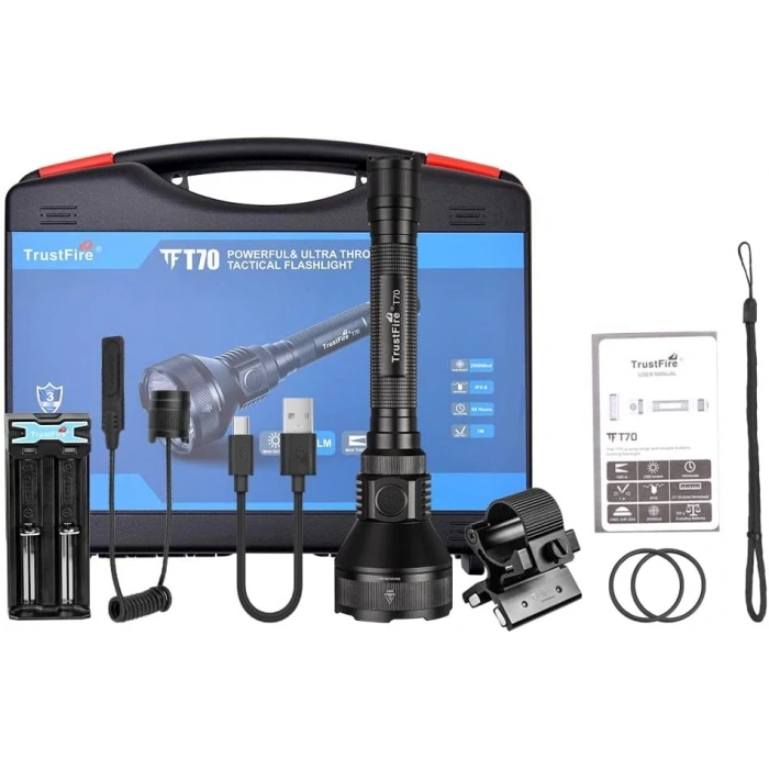 TrustFire T70 LED Tüfek Feneri Mıknatıslı Namluya Tutunabilir, 2300 lümen, 1000 m menzil, 2 x 18650 3400 mAh pil, 1 x TR-016 pil şarj cihazı, 1 x GM03 mıknatıslı tutucu ve 1 x kit-3 dahilinde uzaktan kumanda