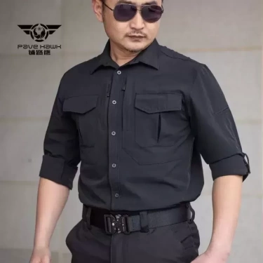 İthal Likralı TAKTİK Gömlek İnce Yazlık Kumaş Pawe Siyah Renk Su İtici A kalite