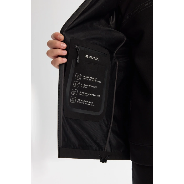 Kurşun Geçirmez AVVA Siyah Kapüşonlu Su İtici Rüzgar Geçirmez Mıknatıs Kapama İnce Mont