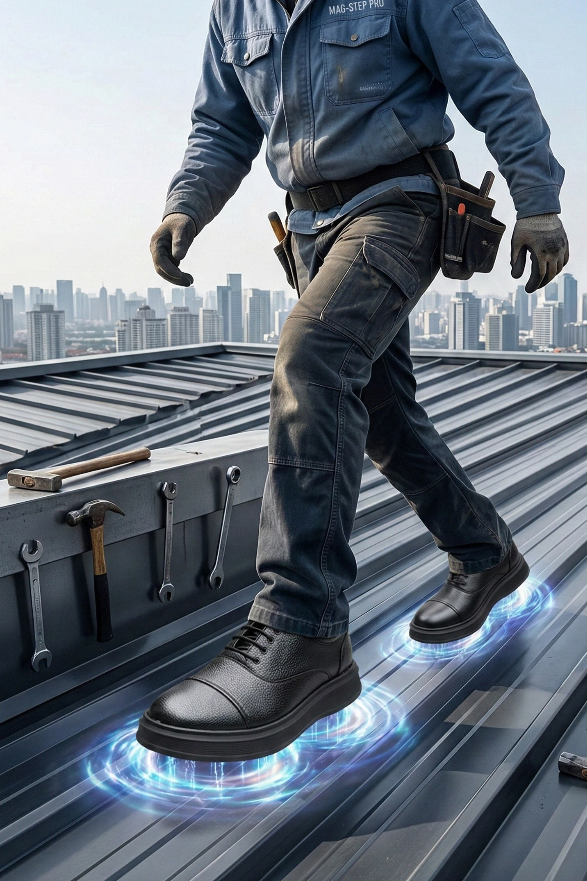 Bağcıklı Düz Mıknatıs Tabanlı Kaymaz İş Ayakkabısı - Koyu Siyah