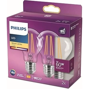 Philips LED Classic 60W A60 Filament Ampul, 2700 Sarı Işık, E27 Normal Duy, Dim Edilmez 2li Ekopaket