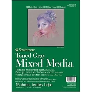 Strathmore Toned Gray Mixed Media, 400lü Serisi, Gri, Geri Dönüştürülmüş Karışık Medya Kağıdı, 300 g/m², Kısa Tarafı Yapıştırılmış Blok, 23 x 31 cm, Gri, 15 Yaprak