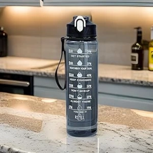 Tekli Motivasyonel Su Matarası, 900 Ml BPA İçermez Suluk (Pipetli) (SİYAH)