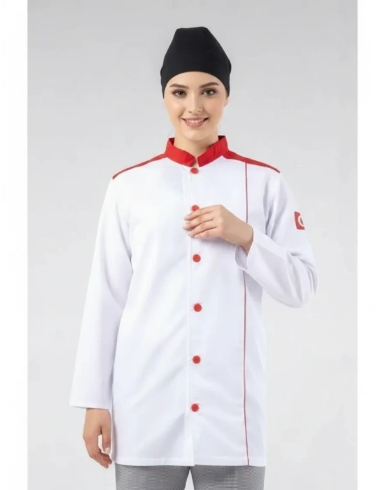 Turkish Aşçı Ceketi Beyaz-Kırmızı